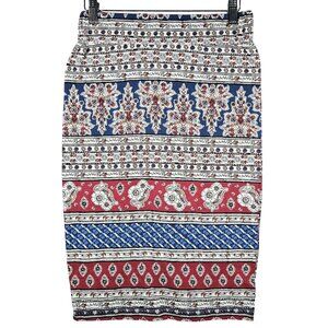 Bohemian Gypsie Hippie Midi Skirt Red Blue Floral Stripe Stretchy Women's Med